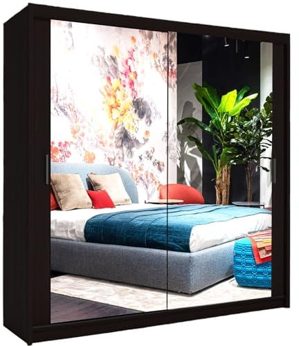 IE INTERIOR EMPORIUM Milan Full Mirror Double Sliding Door Wardrobe (or three in the 250cm size) With Shelves, Hanging Rails and LED Light in 6 Sizes & 4 Colors (100cm, Black)