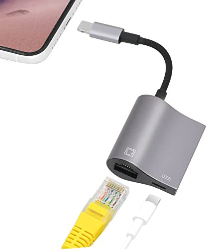 KozyOne Adaptador Ethernet 2 en 1 Light-ning a RJ45, adaptador Ethernet RJ45 de 10 Mbps/100 Mbps con puerto de carga, compatible con i-Phone/iPad/iPod, rápido y estable para juegos y visualización de