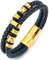 COOLSTEELANDBEYOND Doppel-Lap Schwarz Blau Geflochtenem Lederarmband Herren Armband Leder Schweißband Gold Edelstahl Verschluss