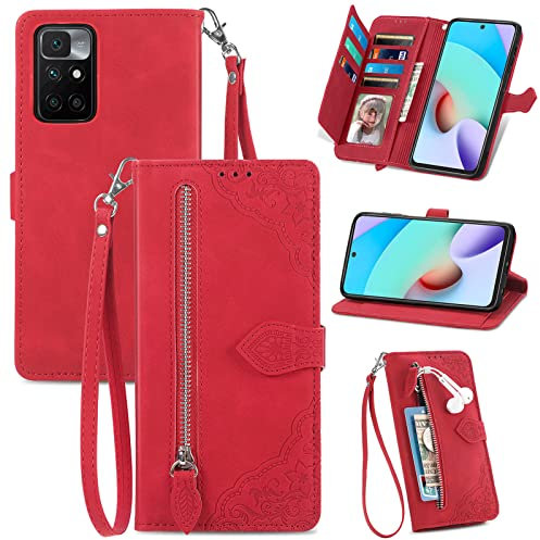 BLOTECH Portefeuille Housse Coque pour Redmi Note 11 4G Étui en Cuir Flip Cover Sac à Fermeture éclair Porte-Monnaie Housse 360 Etui a Rabat Cover étui Téléphone Voyage Carte Crédit Pochette Rouge