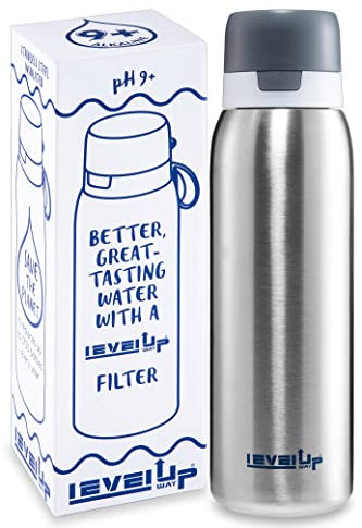 Level Up Way –25 Ounce Premium Stainless Steel Water Bottle with Filter – BPA Free - Travel Essentials - Alkaline Water Filter pH 9+ (Black)