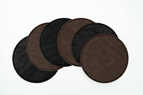 Lot de 6 sous-verres ronds en cuir synthétique - 11 cm - Double face - Imperméable - Lavable - Aspect cuir - Coaster - En verre - Noir nuit / barrique, 65 % polyuréthane, 35 % polyester)