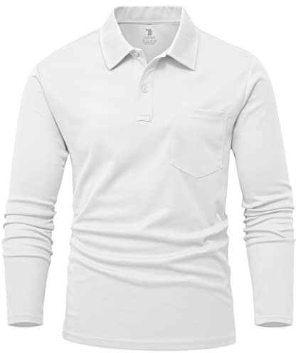 Rdruko Long Sleeve Golf Shirts for Men Smart Casual Breathable Polyester Work T Shirts Wicking Quick Dry Golf Tops with Pocket White M