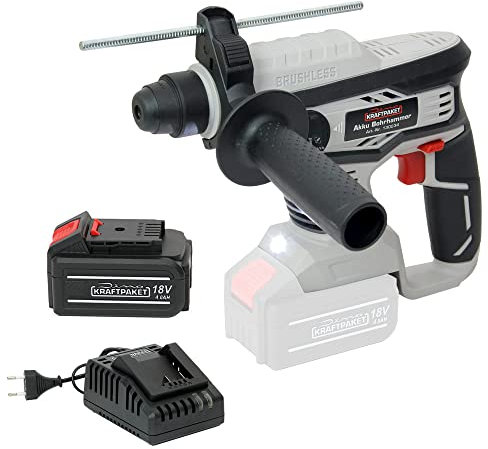 Dino KRAFTPAKET 18V-22 Bürstenloser Akku Bohrhammer SDS-plus (2.2 Joule, Beton: 22mm) Schlagbohrmaschine mit Schnellstopp, im Set mit 4Ah Akku und Ladegerät, Motor bürstenlos (Brushless)