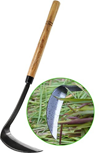 Japanese Weeding Sickle Hoe, 17 Gardening Hand Weeder Nejiri Kama Blade Tool Digging and Cutting Weed Remover, High-Carbon Steel One-Piece Molding with Hard Wood Handle, Very Sharp Edge Quick Work