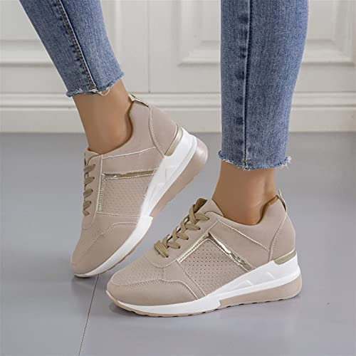 Oculto Tacón Alto Cuña Zapatillas para Mujer Moda Plataforma Encaje Ligero Zapatos Señoras La Mejor Elección Transpirable Zapatillas Tenis Zapatillas para Uso Diario (Color : Beige, Size : 41 EU)