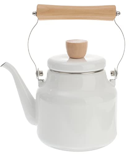 Cabilock Holzofen Für Induktion Emaille Vintage Wasserkessel Teekessel Retro Wasserkocher Induktion Teekocher mit Holzgriff Kaffeekanne für Küche Gas E Herd Gasherd 1.8L Wasserkessel Für