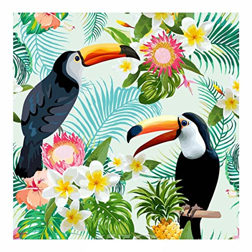 MACOSA Papier-Servietten Set 40 Stk. 33 x 33 cm Motiv Tukan bunt Tisch-Deko Einwegservietten Cocktailservietten Partyservietten Sommer Dschungel Tiere Blumen grün