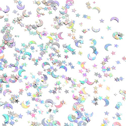 Giftota Star Moon Confetti, Holographic Star Moon Confetti, 30g Iridescent Mix Table Star Moon Glitter Foil Scatter Decorations for Birthday Party Wedding Anniversary (Silver Star Moon)