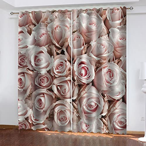 TEMKIN 3D Pink Rose Flower Printing Bedroom Curtains Blackout - Kids Bedroom Eyelet Curtain Privacy Protection, Thermal Insulated Drapes For Living Room Kitchen 2 Panels 150X160cm
