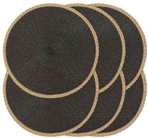Noctiflorous Braided Round Placemats Set of 6, 15 Inch Woven Table Mats, Non-Slip Washable Thin Edge Place Mats for Kitchen Dining Table Decor (Black, 6)