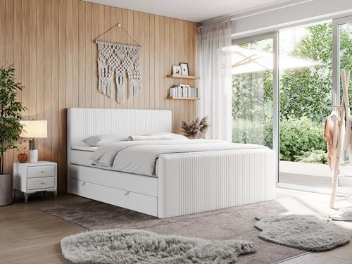 MKS MEBLE King Boxspringbett 160x200 Mit Bettkasten, Polsterbett Mit Multipocket-Matratze H3, Kopfteil und Topper - Weiß Kunstleder - Doren