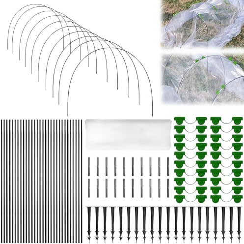 Pflanztunnel Bögen, Gewächshausreifen Fiberglas mit PE Folie 10 x 2,5 m Tunnelbogen für Hochbeet mit 30 x Fiberglas Bögen,Verbinder,Clip Folientunnel Bögen Gartentunnel Reifen mit Insektenschutznetz