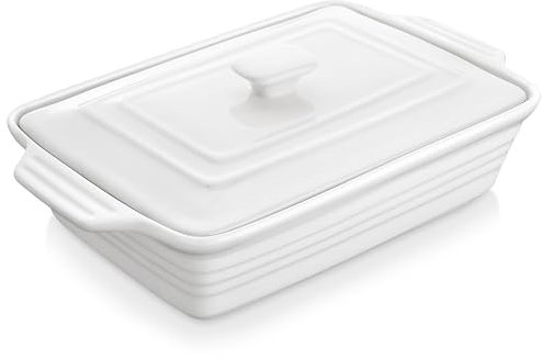MALACASA 4.4 Quart Casserole Dish with Lid, 4100ML Porcelain Baking Dish with Lid, 13 x 9 Lasagna Pan Deep with Lid, Rectangular Bakeware with Handle, Microwave and Oven Safe, Ivory White, Series BAKE