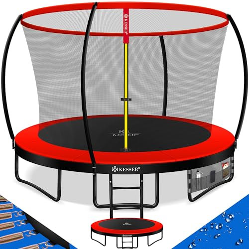 KESSER® Trampolin Ø 305 cm | TÜV Rheinland GS Zertifiziert | Gartentrampolin für Kinder bis 150 kg | Komplettset mit Sicherheitsnetz, Leiter, Randabdeckung und Zubehör