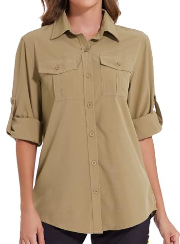 Tuopuda Camicia Donna Estiva UPF 50+ Camicetta Protezione Solare Maglietta a Manica Lunga Safari Blusa con Bottone Traspirante per Pesca Escursionismo Mare Spiaggia Piscina, Khaki, M