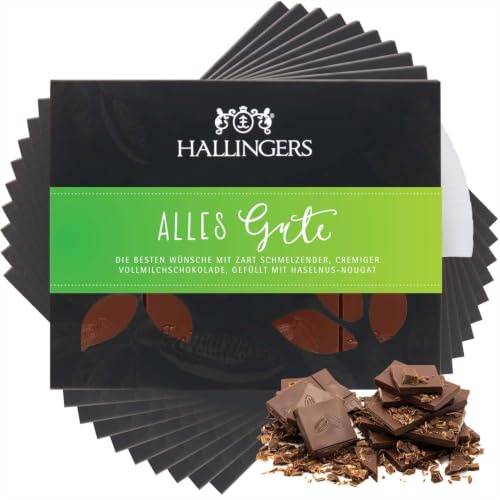 Hallingers Genuss Manufaktur Schokolade Glückwunsch-Geschenk - Tafel Edelkakao handgeschöpft ohne Alkohol edler Karton 10x Alles Gute Haselnuss, Geschenkidee für Frauen Männer