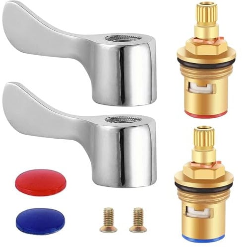 Replacement Tap Valves, 2 Sets Tap Cartridge Replacement Mixer Universal 1/2 Replacement Tap Valves with 2 Metal Lever Heads for Kitchen Bathroom Tap Replacement