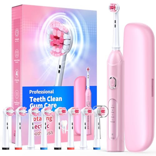 Rotierende elektrische Zahnbürste für Erwachsene mit 8 Bürstenköpfen (2 Typen), 4 Modi Deep Clean elektrische Zahnbürste mit 2m Smart Timer (Rosa with travel case)