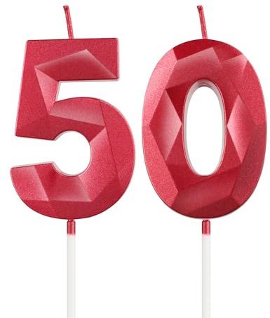 Rote Kerzen zum 50th Geburtstag, 3D Rote Zahl 50 Kerze für Kuchen, Frauen Männer 50th Geburtstag Dekorationen, Rote Kuchendekorationen, Rote Kerze Kuchen für Geburtstagsfeier Hochzeitstag