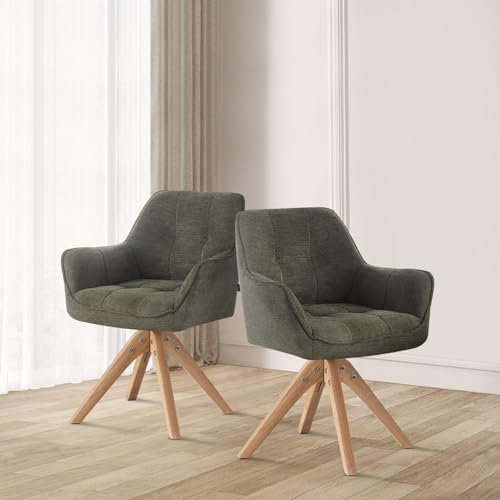 DUBI Möbel® Premium Esszimmerstühle Thomas-LINA 2er-Set – drehbar mit Federkernpolsterung, Armlehnen, Massivholzbeinen Eiche, Webstoff Grün, ergonomisch & modern für Esszimmer und Gastronomie