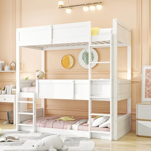 Dreier Etagenbett für 3 Kinder, Kinderbett Dreierbett 90x200 cm, Holzbett mit Seitenleiter, Dreifachbett Hochbett mit Rausfallschutz und Lattenrost, Abnehmbar in Zwei Stockbett, ohne Matratze, Weiß