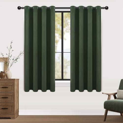 MRTREES Gardinen Blickdicht mit Ösen für Wohnzimmer Modern Kurz Fenster 100% Deckkraft 2er Set, Vorhang Leinenoptik Vintage 160 cm Lang, Thermo Vorhänge Schlafzimmer 132 cm Breit, Oliv-grün