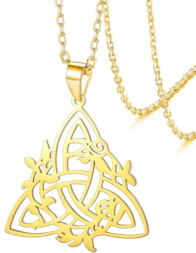 VASSAGO Halskette mit keltischem Knoten, Edelstahl, irischer Dreifaltigkeitsknoten-Anhänger, Dreieck-Anhänger mit Weinblatt-Halskette, Amulett, Schmuck für Damen und Herren