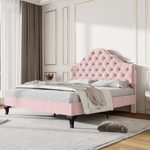 NQSLDM Polsterbett 140x200 cm mit Verstellbares Kopfteil und Stauraum, Bettgestell mit Lattenrost und Holzbettbeine, Bett für Schlafzimmer und Gästezimmer, Samt, Ohne Matratze, Rosa