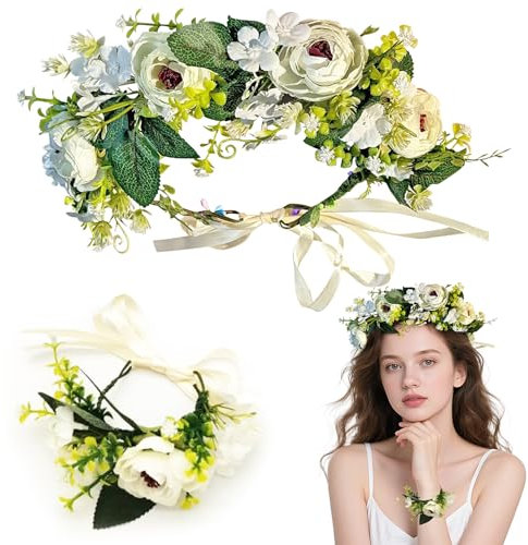 Blumenkranz Haare,Blumenkranz Blume Krone Stirnband mit Armband Set,Haar Garland,Haarbänder Floral Girlande,Blumenstirnband Einstellbar für Damen Hochzeit Zeremonie Festival Party Strand