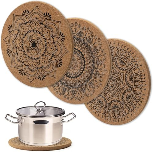 HENGBIRD 2 Stück Topfuntersetzer aus Kork mit schönen Mustern 19cm Durchmesser Korkuntersetzer rund hitzebeständig Untersetzer Topf Tischschoner Unterlage für Töpfe Gläser Schüsseln und Vasen