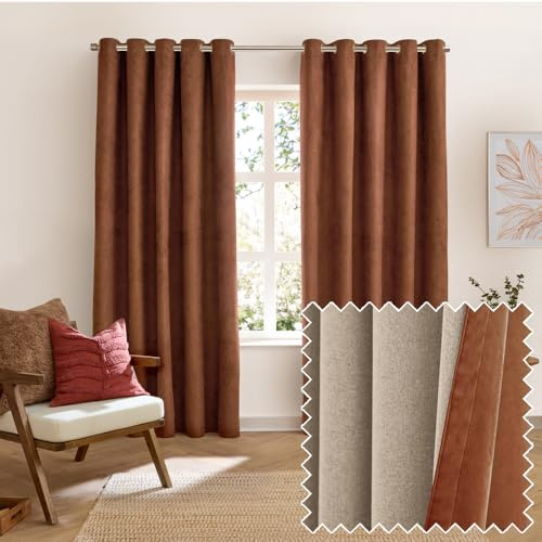 furn. Verso Blackout Ösenschal Paar – Wende Ring Oberlichtblockierende Wildledervorhänge (Zimt – 168x183cm)