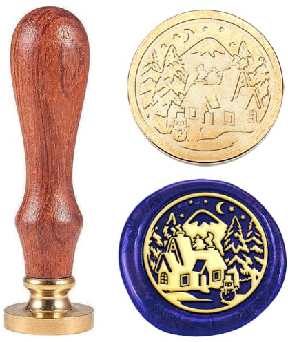 Hobbspring Winter Scene Wax Seal Stamp Replaceable Envelopes DIY Seal Stamp Cabin Snowman Pine Trees Brass Head Wooden Handle for Christmas Party Invitation Card Gift Decor Back to School