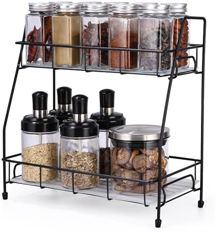 Generico Porta Spezie per Cucina in Metallo – Organizer Cucina Salvaspazio a 2 Livelli, Mensola Porta Spezie Moderna e Robusta per Spezie, Barattoli, Oli e Condimenti – Design Elegante Nero Opaco
