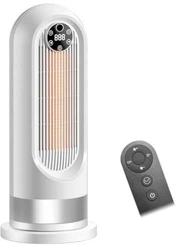 Heizlüfter Energiesparend, Schnellwärme 2000W, Leiser Elektrischer Heizstrahler mit Fernbedienung, 3 Heizstufen, 80° Oszillation, 8-Std-Timer, Kompakt für Homeoffice, Schlafzimmer (B-Weiß)