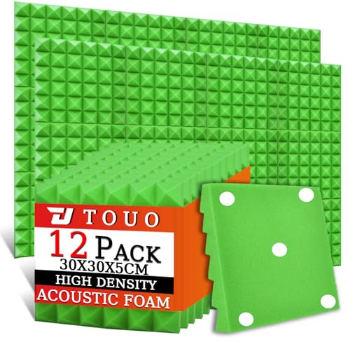 TOUO Akustikschaumstoffplatten, 30 x 30 x 5 cm, schalldichte Pyramiden-Schallschutzplatten für Wände, hochdichte, feuerbeständige Schallschutz-Schaumstoffe für Studio-Wände und Decken, 12 Stück (grün)