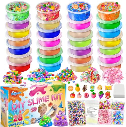 Kit de Fabrication de Slime DIY 28 Couleurs pour Filles, Clear Slime | et Glow in The Dark, avec Boules en Mousse, Breloques et Paillettes - Jouet Créatif