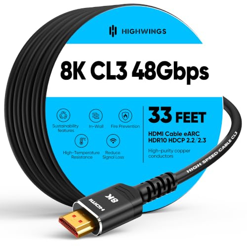 Highwings 10K 8K Long HDMI Cable 10M/33FT, CL3 Rated HDMI, Ultra High Speed | In-Wall CL3 Rated, 8K@60Hz 4K@120Hz Video, 48Gbps, HDMI Lead eARC HDR10 HDCP 2.2/2.3, Compatible Laptop/PC/HDTV/Projectors
