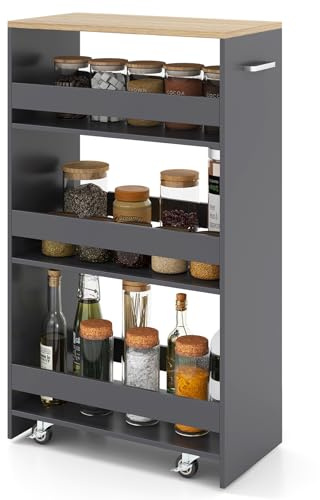 GIANTEX Nischenregal 25 cm breit, Küchenregal Küchenschrank Küchenwagen, Nischenschrank Nischenwagen auf Rollen, Badregal Rollwagen Holz 4 Etagen, Schmales Regal für Küche, 47,5 x 25 x 80,5 cm