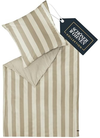 SCHÖNER WOHNEN Panel Bettwäsche 135x200 Baumwolle Beige - Frühlingsbettwäsche Streifen Design - ÖKO-TEX Bettwäsche-Sets 2teilig aus 1x Bettwäschebezug 135x200cm & 1x Kopfkissenbezug 80x80cm