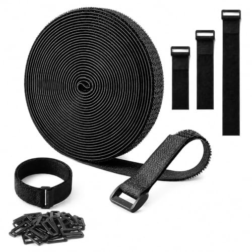 Adjustable Cable Straps 5m x 2cm with 30 Buckles Self Adhesive Tape Strips Reusable Cable Ties for Wire Cord Cable Management, Wire Organiser Cord Organiser Black