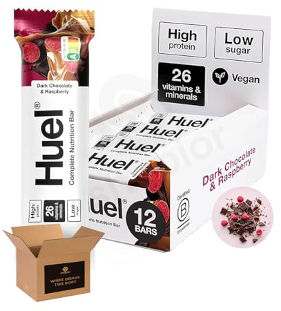 Huel Complete Nutrition Bar High Protein Plant Based Healthy Snack, Keto Bar, Low Sugar, High Fibre, Vegan Dark Chocolate Bar Flavours, Under 200 Calories | (Dark Chocolate Raspberry 55g - Pack 12)