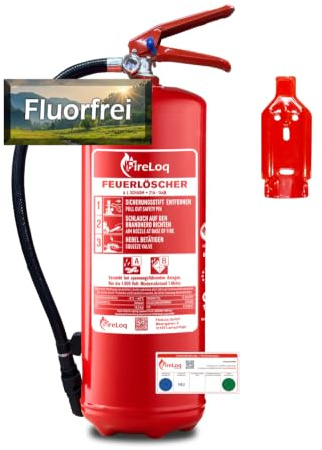 FireLoq 6L fluorfrei Schaum Feuerlöscher für Brandklasse AB mit 21A | 144B ergibt 6LE Dauerdruck inkl. Prüfnachweis,Wandhalter und Manometer