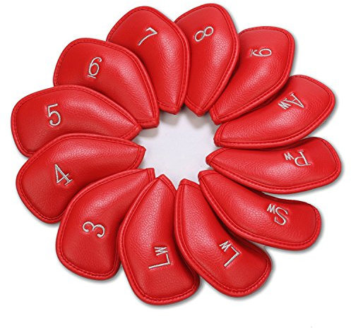 12x Red Golf Club Headcover Thick Synthetic Leather Iron Head Covers 3-Lw Compatible with Titleist Taylormade Ping Cobra And Other Brands
