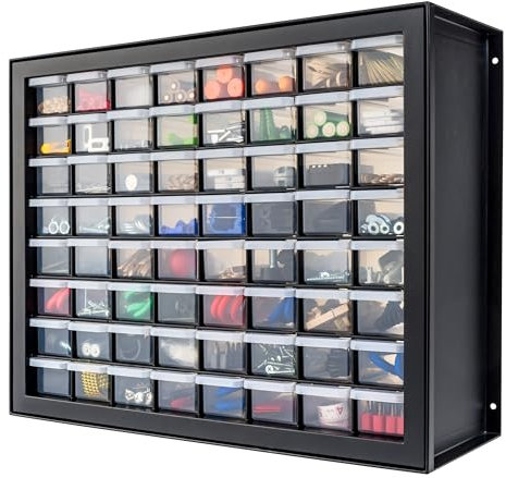IRIS USA - Organizer per viti, 64 cassetti, in plastica, per piccoli oggetti, dadi e bulloni, per attrezzi, album di ritagli, hobby artistici, colore: nero