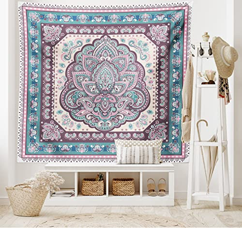 ABAKUHAUS Ethnisch Wandteppich, Arabisch Paisley Oriental, Wohnzimmer Schlafzimmer Heim Seidiges Satin Wandteppich, 200 x 150 cm, Hellrosa Lila und Grün