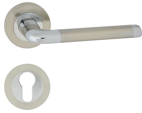 domino Türgriff Drückergarnitur PZ - Profilzylinder Set Rund-Rosette Türklinke für Zimmertür, Bürotür, Kellertür & Innentür Chrom Glänzend/Nickel Türdrückergarnitur ELIZABETH-R M6/M9