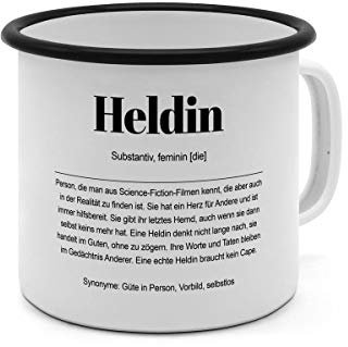 Emaille-Tasse mit Definition Heldin - Tasse mit Spruch, Wörterbuchtasse, Geschenktasse, witzig, Kaffeebecher, Becher, Tasse, Becher - Farbe Weiß/Schwarz