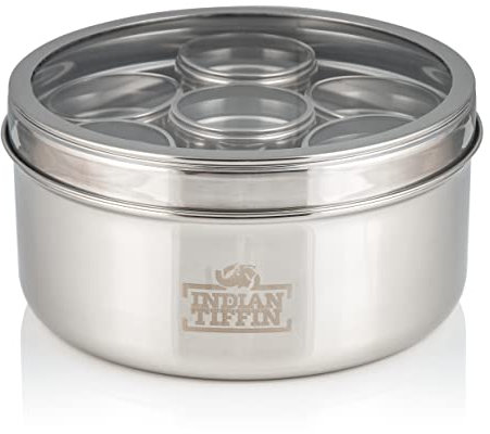 Indian-Tiffin Masala Dabba - Airtight Spice Container - Food Grade Stainless Steel - with Spice Labels & Spoon (Medium (18cm), Clear Lids, Clear Lids on Inner Pots)