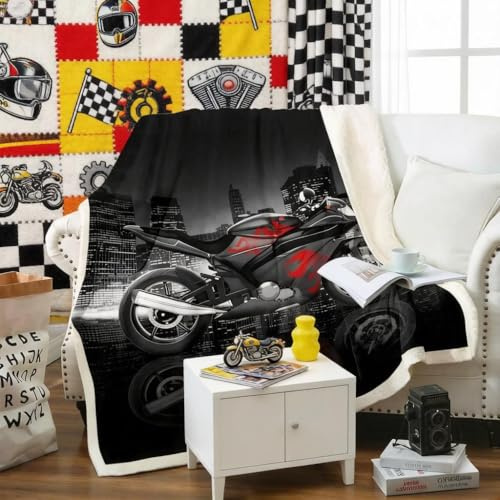 Loussiesd Coperta in pile da uomo con motivo moto, colore nero e rosso, coperta sherpa per divano, sport estremi, tema moderno edificio cittadino, 101 x 127 cm